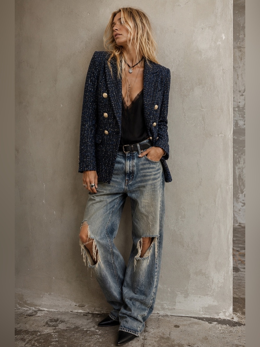 House of Harlow 1960 Navy Sequin Tweed Double Breasted Blazer Jacket XS